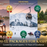 Best travel packages for Kashmir 2026 - panoramic feature image showcasing Dal Lake houseboat at golden hour, Gulmarg Gondola against Apharwat Peak, and Pahalgam Lidder River with mountains