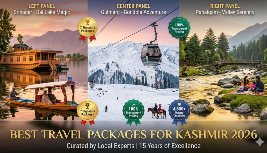 Best travel packages for Kashmir 2026 - panoramic feature image showcasing Dal Lake houseboat at golden hour, Gulmarg Gondola against Apharwat Peak, and Pahalgam Lidder River with mountains