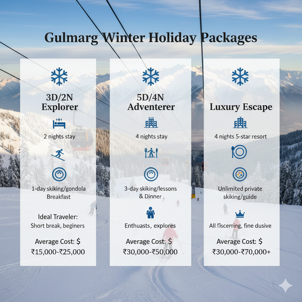 Compare Gulmarg holiday packages - budget getaway, all-inclusive adventure, and luxury honeymoon options