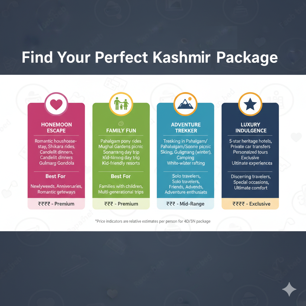 Compare the best travel packages for Kashmir honeymoon, family, adventure, and luxury options side-by-side