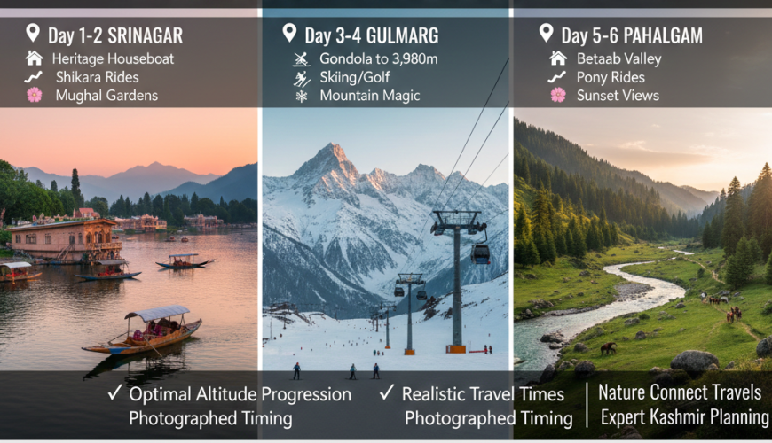Complete 5 nights 6 days Kashmir itinerary 2026 visualization showing Srinagar houseboats, Gulmarg Gondola, and Pahalgam valley in one panoramic timeline