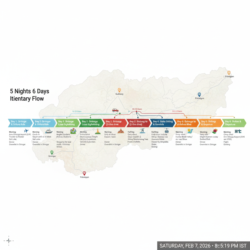 Complete 5 nights 6 days Kashmir itinerary visualization showing optimal route and time allocation between Srinagar, Gulmarg, Pahalgam