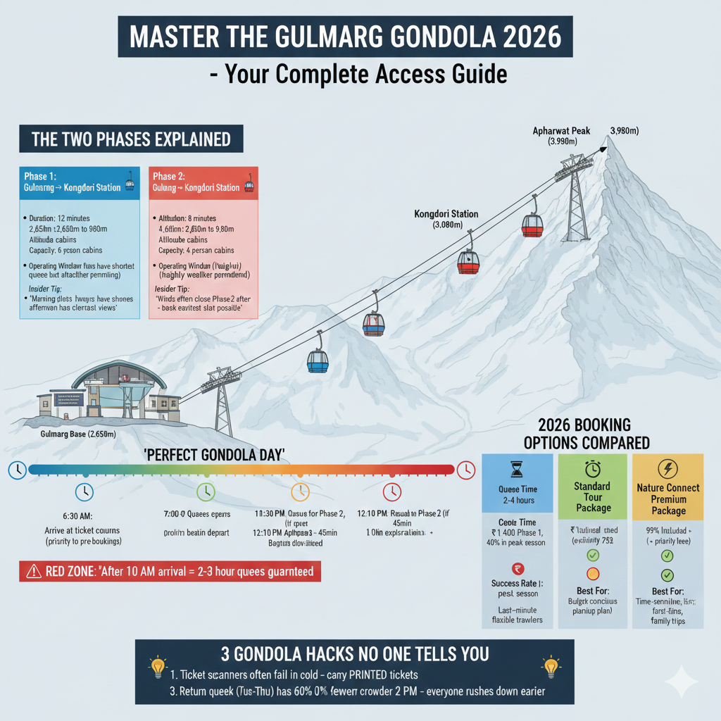 Complete Gulmarg Gondola guide 2026 - Phases explained, booking options compared, timeline, and insider tips for holiday packages