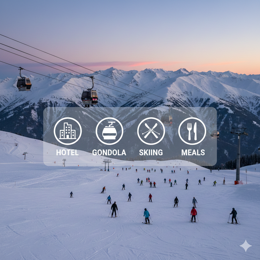 Complete Kashmir Gulmarg package overview showing winter activities and inclusions for adventure travelers