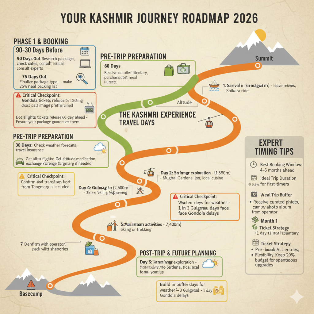 Complete Kashmir travel package timeline 2026 - From 90-day planning to post-trip review with expert timing tips and checkpoints