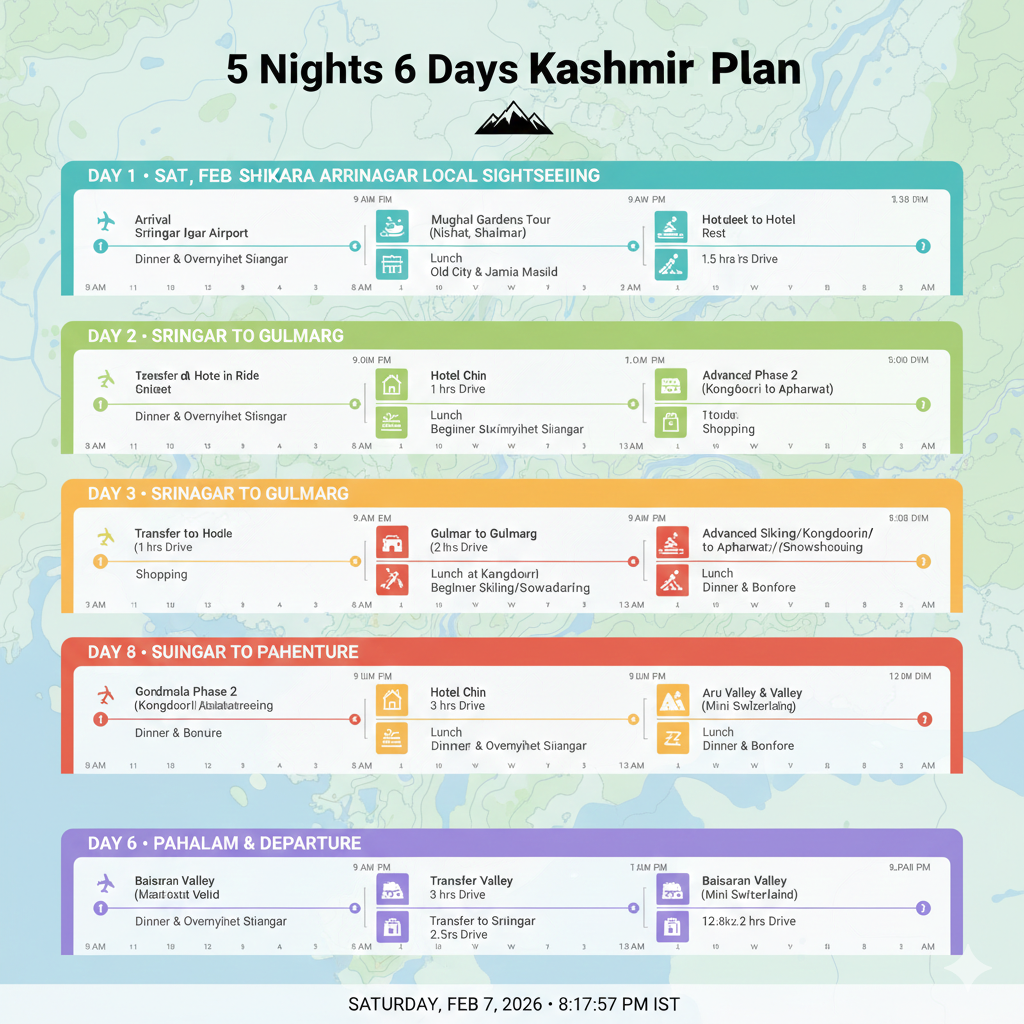 Detailed day-by-day 5 nights 6 days Kashmir itinerary with exact timings, travel durations, and activity visualization