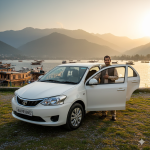 Etios cab service in Kashmir 2026 featuring clean Toyota Etios sedan with professional driver at Dal Lake Srinagar