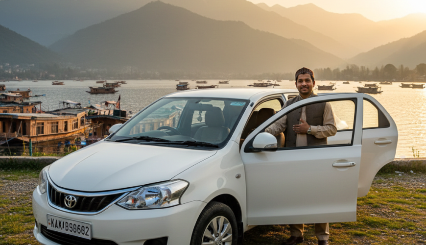 Etios cab service in Kashmir 2026 featuring clean Toyota Etios sedan with professional driver at Dal Lake Srinagar
