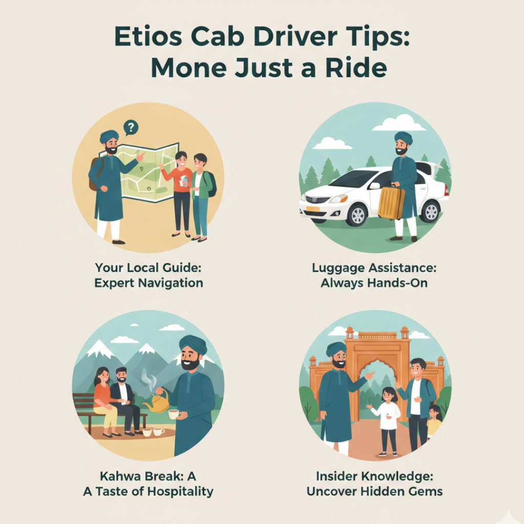 Etios cab service in Kashmir driver tips showing professional driver assisting with luggage, maps, and local hospitality