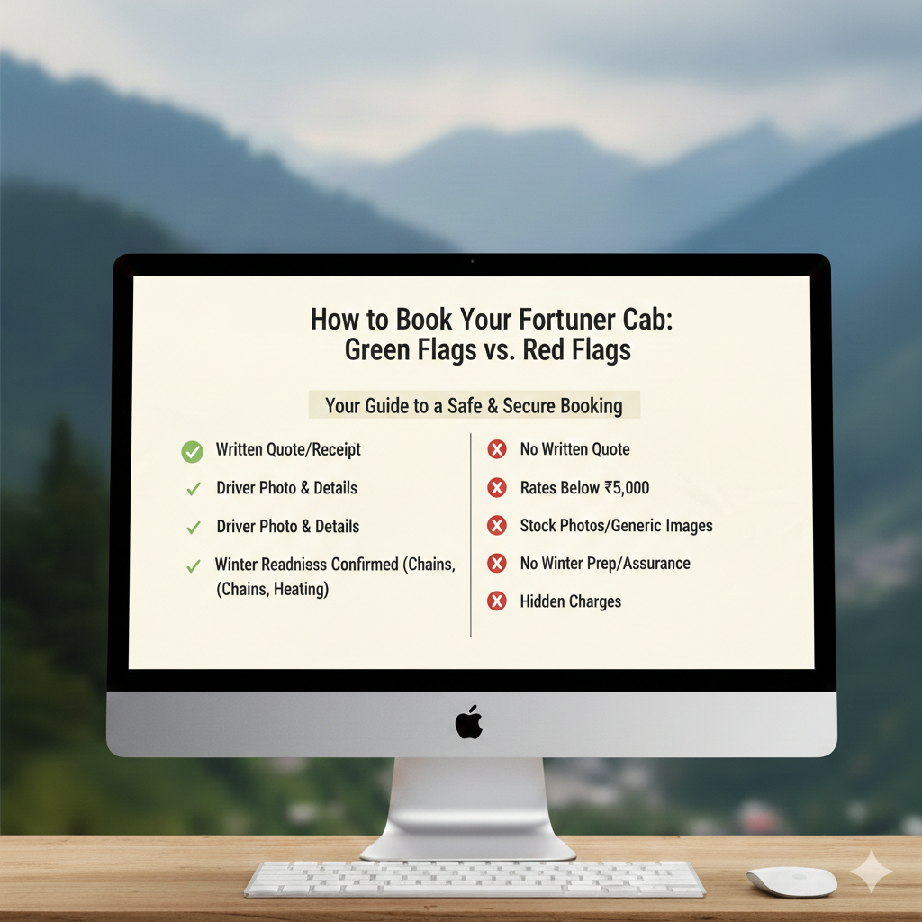Fortuner cab service in Kashmir booking checklist showing green flags and red flags for choosing reliable luxury taxi service
