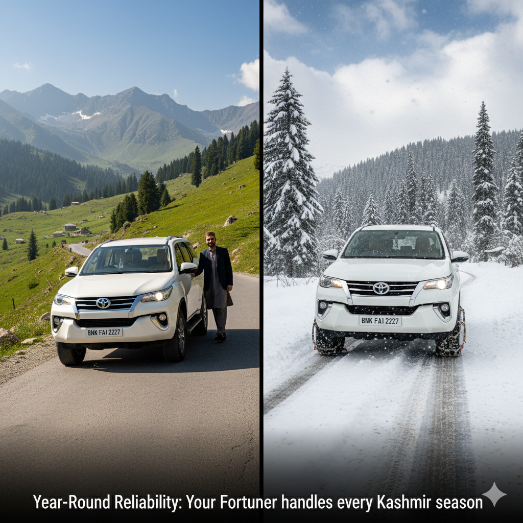 Fortuner cab service in Kashmir showing summer and winter capability - premium SUV on mountain roads in both sunny and snowy conditions