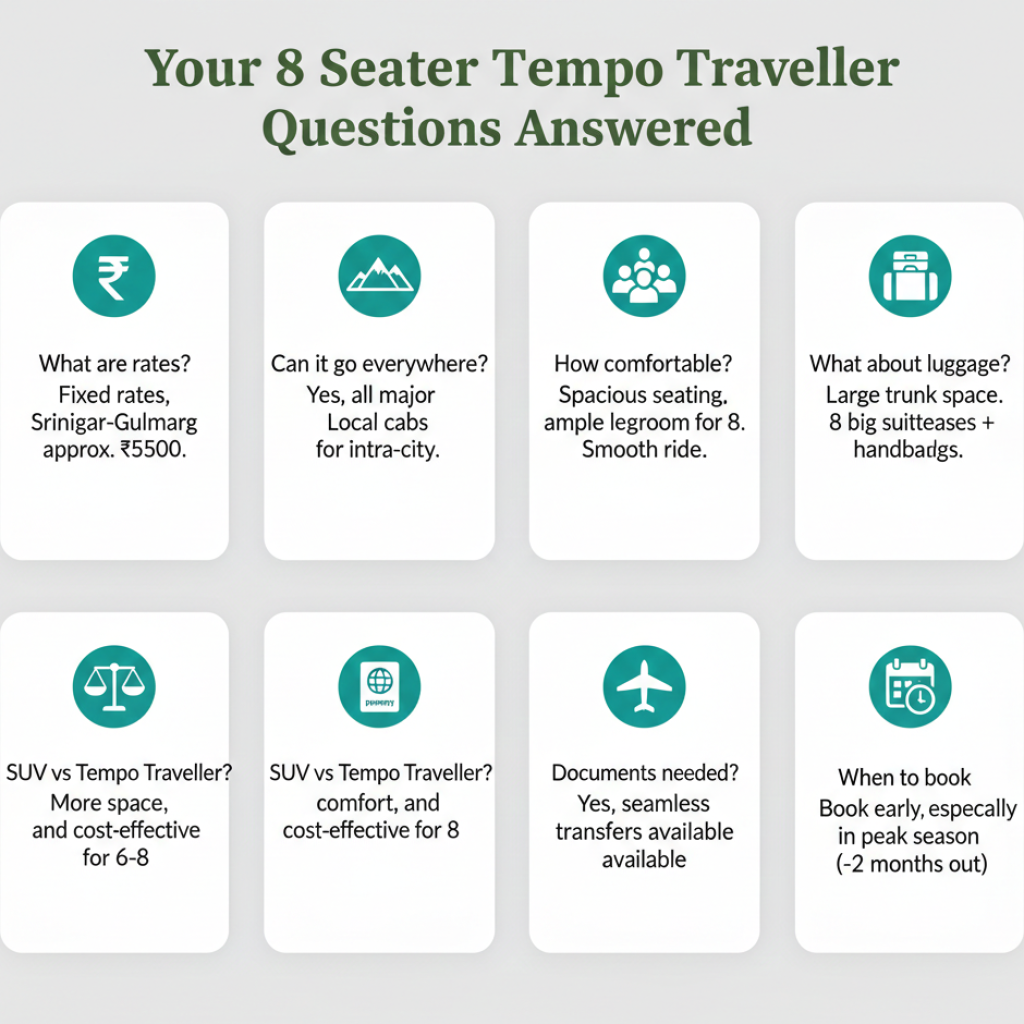 Best 8 Seater Tempo Traveller in Kashmir 2026 | Rates & Booking 11 Frequently asked questions about 8 seater tempo traveller in Kashmir with visual answers and helpful icons