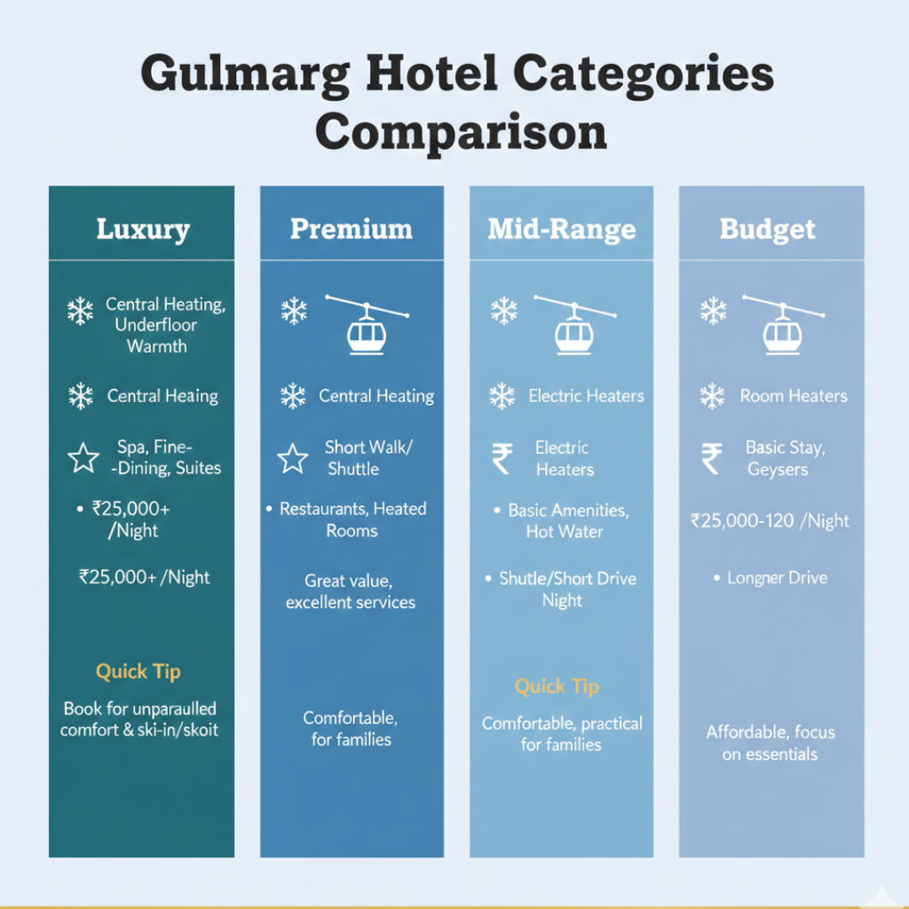 Hotel Booking in Gulmarg 2026: Best Stays, Rates & Tips | Nature Connect 9 Hotel booking in Gulmarg - comparison of luxury, premium, mid-range, and budget hotel categories with key features