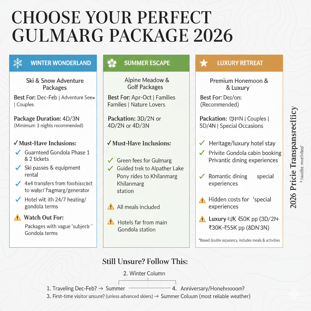 Gulmarg holiday packages 2026 comparison guide - Winter ski, Summer alpine, and Luxury options with decision flowchart and transparent pricing