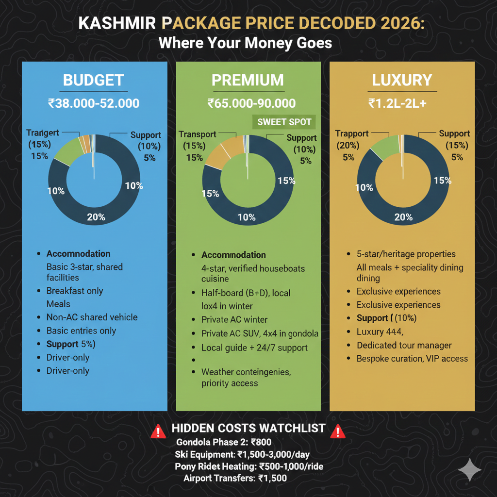 Holiday packages Kashmir Srinagar 2026 cost breakdown - Budget, Premium, and Luxury options with transparent per-component pricing