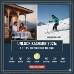 Holiday packages Kashmir Srinagar 2026 featuring luxury houseboat on Dal Lake at golden hour with Gulmarg Gondola, Pahalgam valley, and Sonamarg glacier day trip experiences