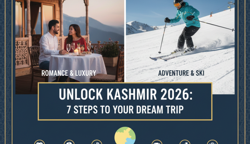 Holiday packages Kashmir Srinagar 2026 featuring luxury houseboat on Dal Lake at golden hour with Gulmarg Gondola, Pahalgam valley, and Sonamarg glacier day trip experiences