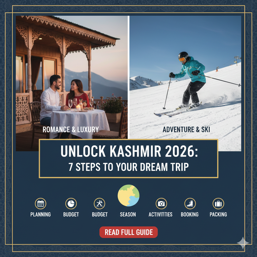 Holiday packages Kashmir Srinagar 2026 featuring luxury houseboat on Dal Lake at golden hour with Gulmarg Gondola, Pahalgam valley, and Sonamarg glacier day trip experiences