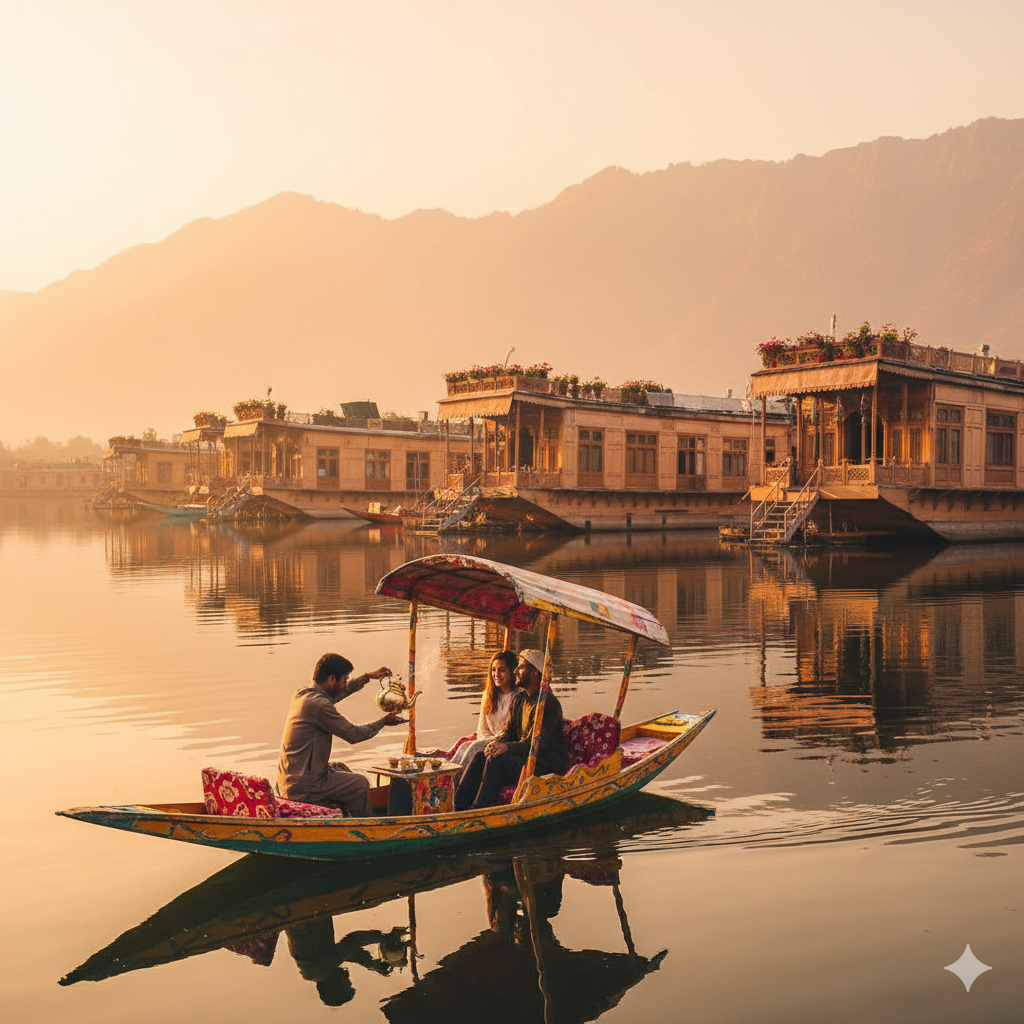 Holiday packages Kashmir Srinagar featuring luxury houseboat stay on Dal Lake with morning Kahwa and mountain views