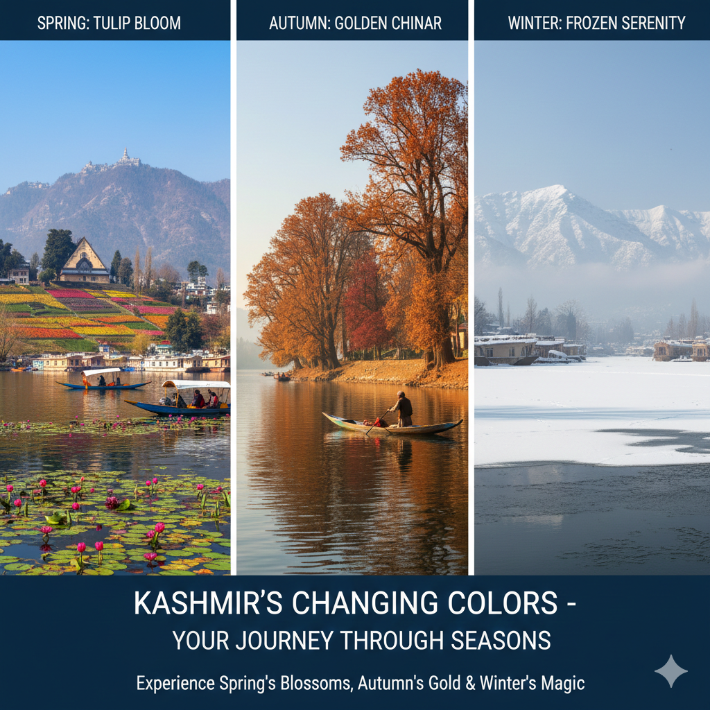 Holiday packages Kashmir Srinagar seasonal guide showing Dal Lake in spring blossoms, autumn chinar, and winter snow