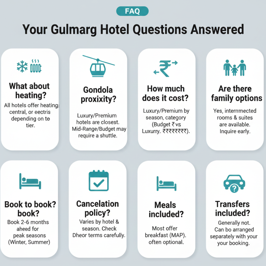 Hotel Booking in Gulmarg 2026: Best Stays, Rates & Tips | Nature Connect 11 Hotel booking in Gulmarg - frequently asked questions with visual answers and helpful icons
