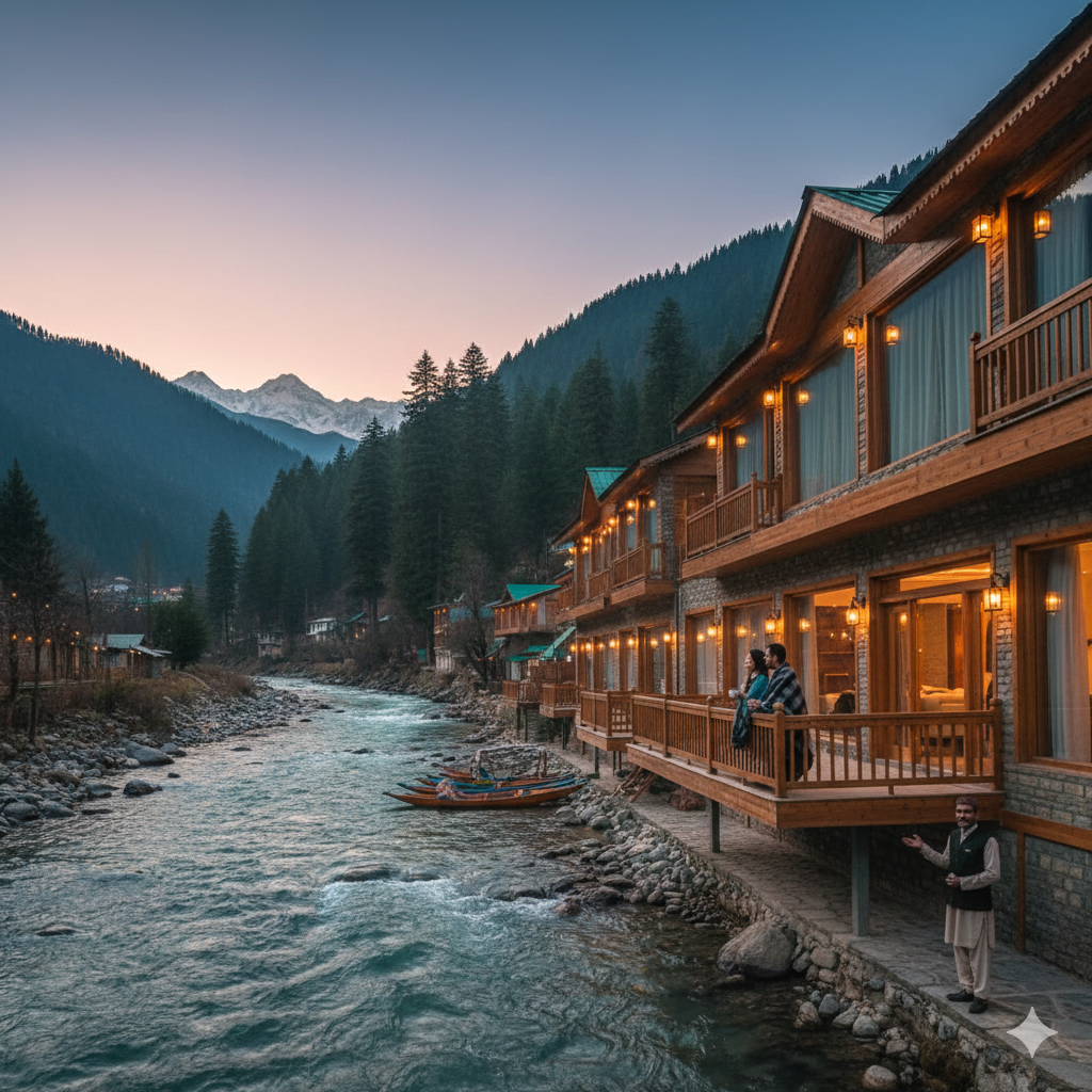Hotel booking in Pahalgam 2026 - luxury riverside property with Lidder River view and mountain backdrop