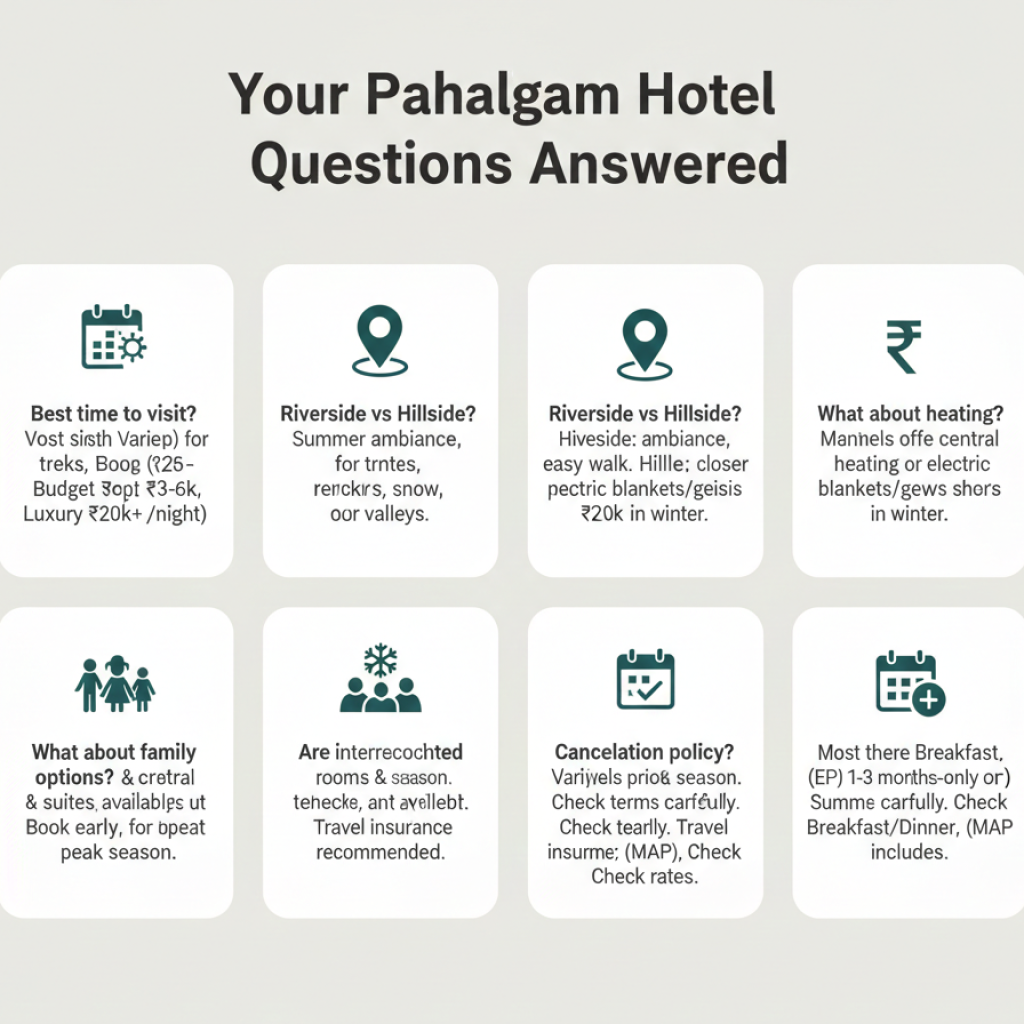 Hotel booking in Pahalgam - frequently asked questions with visual answers and helpful icons