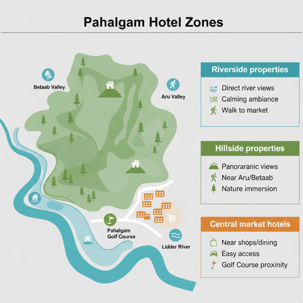 Hotel booking in Pahalgam - location zones map showing riverside, hillside, and central market areas