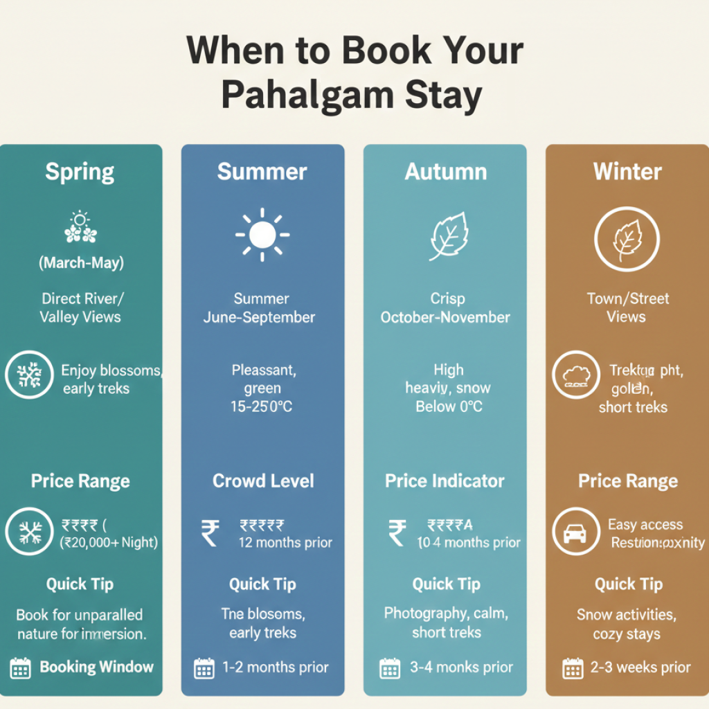 Hotel booking in Pahalgam seasonal guide - best times to visit with weather, crowd levels, and booking windows