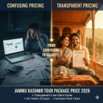 Jammu Kashmir tour package price 2026 comparison showing confusing hidden-cost quotes vs transparent line-item breakdown with happy travelers on Dal Lake