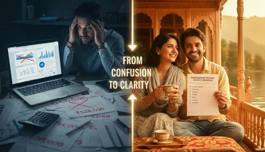 Jammu Kashmir tour package price 2026 comparison showing confusing hidden-cost quotes vs transparent line-item breakdown with happy travelers on Dal Lake