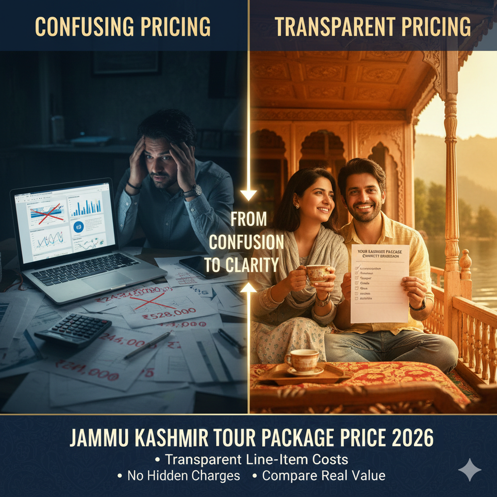 Jammu Kashmir tour package price 2026 comparison showing confusing hidden-cost quotes vs transparent line-item breakdown with happy travelers on Dal Lake