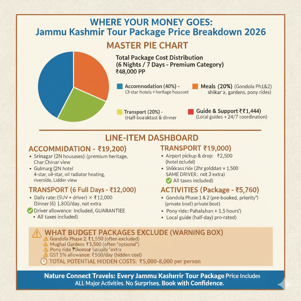 Jammu Kashmir Tour Package Price 2026 | Transparent Cost Guide 10 "Jammu Kashmir tour package price breakdown 2026 showing accommodation 40%, transport 25%, meals 20%, activities 12% with hidden costs warning"