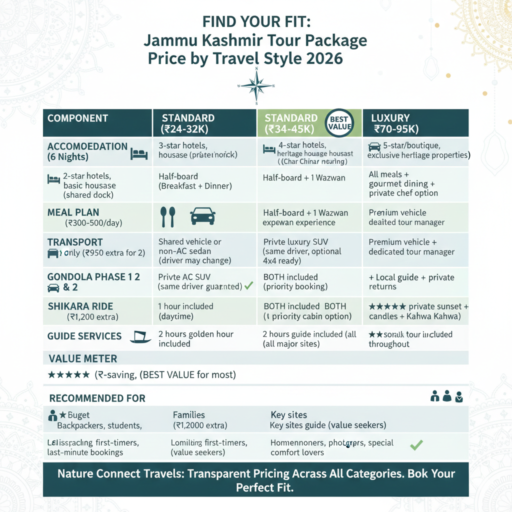 Jammu Kashmir Tour Package Price 2026 | Transparent Cost Guide 12 Jammu Kashmir tour package price comparison 2026 - Budget ₹24-32K, Standard ₹34-45K, Premium ₹48-60K, Luxury ₹70-95K with inclusions comparison