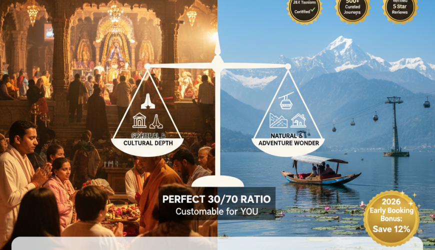 Ultimate visual guide to the 7 best Jammu Kashmir tour packages for 2026, showing perfect balance between spiritual Jammu temples and paradise Kashmir valleys with decision matrix and trust badges