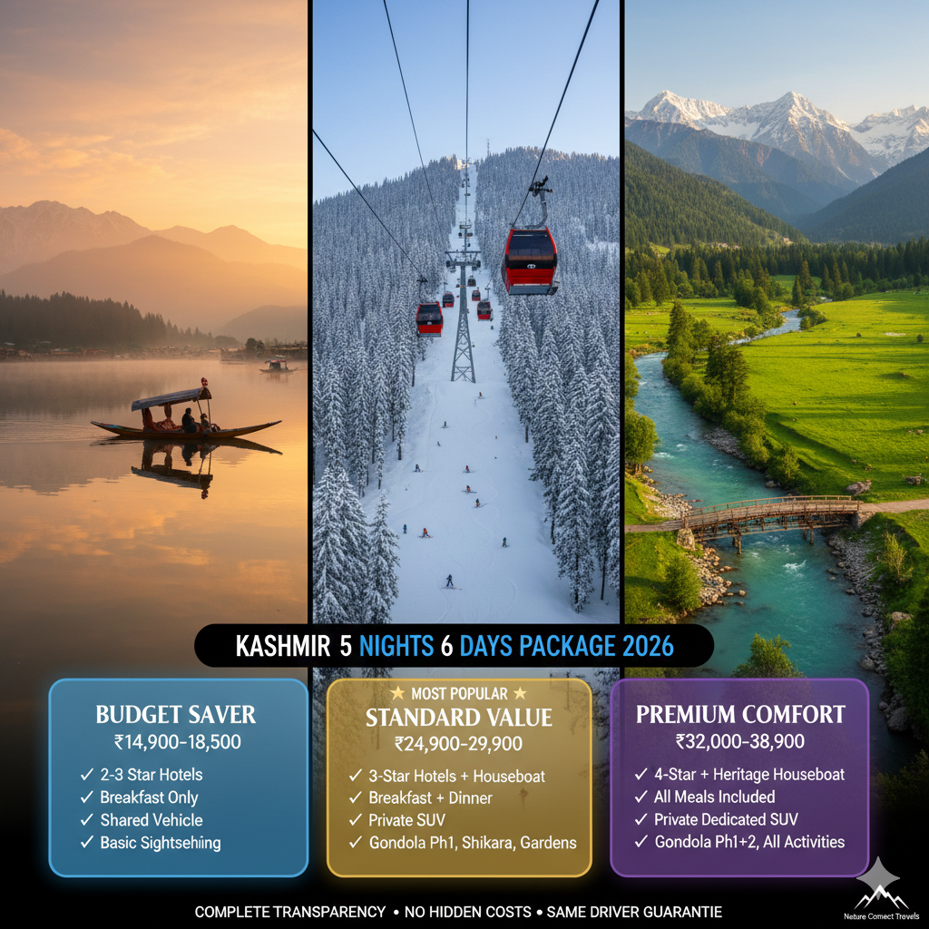 Best Kashmir 5 Days Package 2026 | Itinerary & Cost 8 Kashmir 5 days package 2026 featuring Dal Lake shikara, Gulmarg Gondola, and Pahalgam's Lidder River