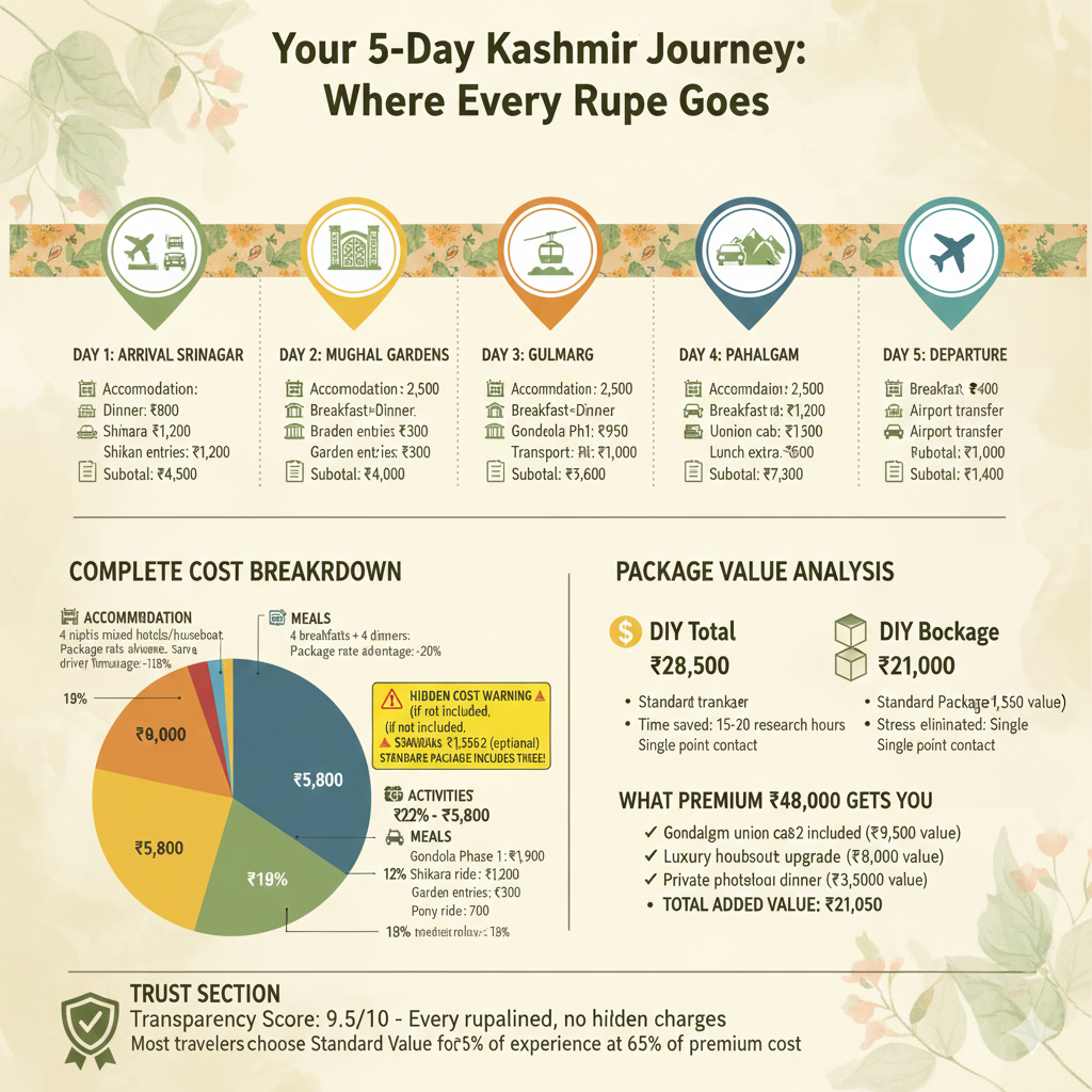 Best Kashmir 5 Days Package 2026 | Itinerary & Cost 11 Kashmir 5 days package cost breakdown showing day-by-day allocation with accommodation 38%, meals 22%, transport 19%, activities 12%, hidden cost warning for union cabs, DIY comparison showing ₹7,500 savings