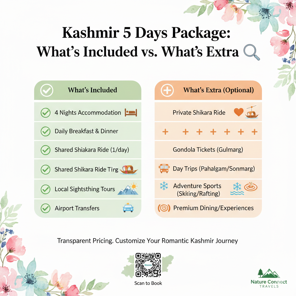 Best Kashmir 5 Days Package 2026 | Itinerary & Cost 12 Kashmir 5 days package inclusion comparison showing standard inclusions versus common hidden costs