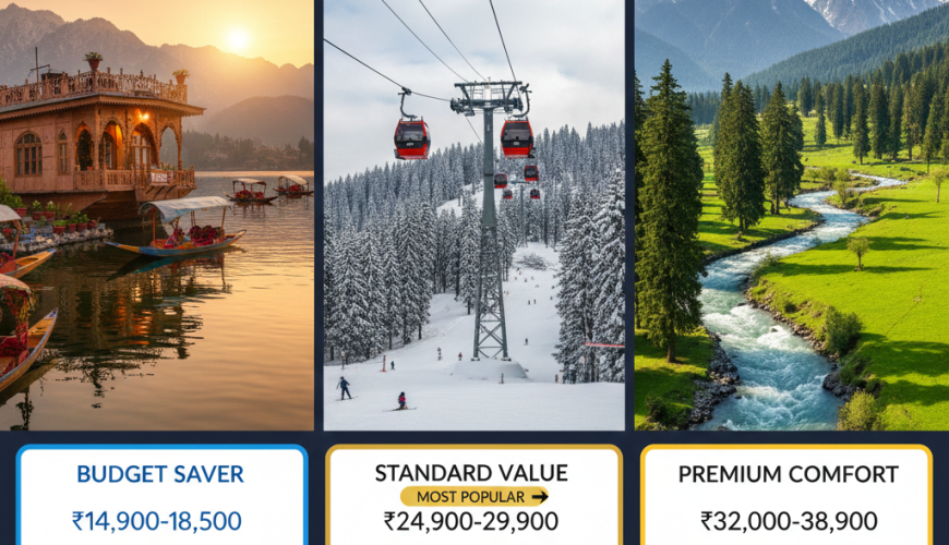 Kashmir 5 nights 6 days package comparison 2026 showing budget saver at ₹14,900, standard value at ₹24,900 with most popular badge, and premium comfort at ₹32,000 with inclusions side by side
