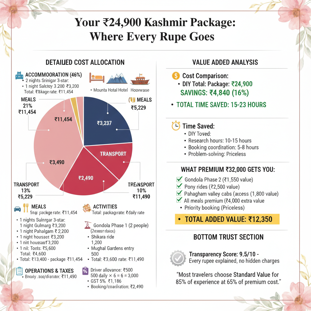 Ultimate Kashmir 5 Nights 6 Days Package 2026 | Best Deals 9 Kashmir 5 nights 6 days package cost breakdown showing accommodation 46%, meals 21%, transport 13%, activities 10%, operations 10% with DIY comparison and value analysis