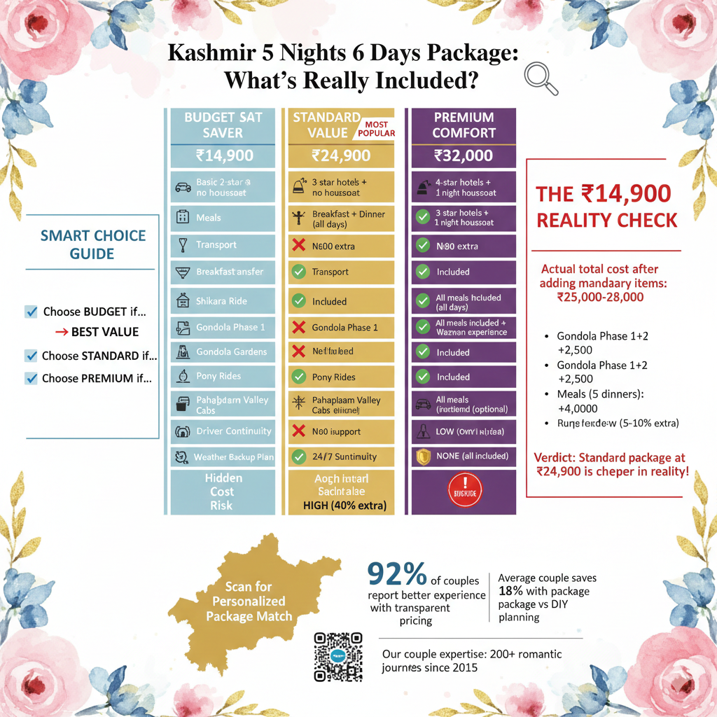 Ultimate Kashmir 5 Nights 6 Days Package 2026 | Best Deals 12 Kashmir 5 nights 6 days package inclusions comparison matrix showing budget, standard, and premium options with hidden cost reality check and smart choice guide