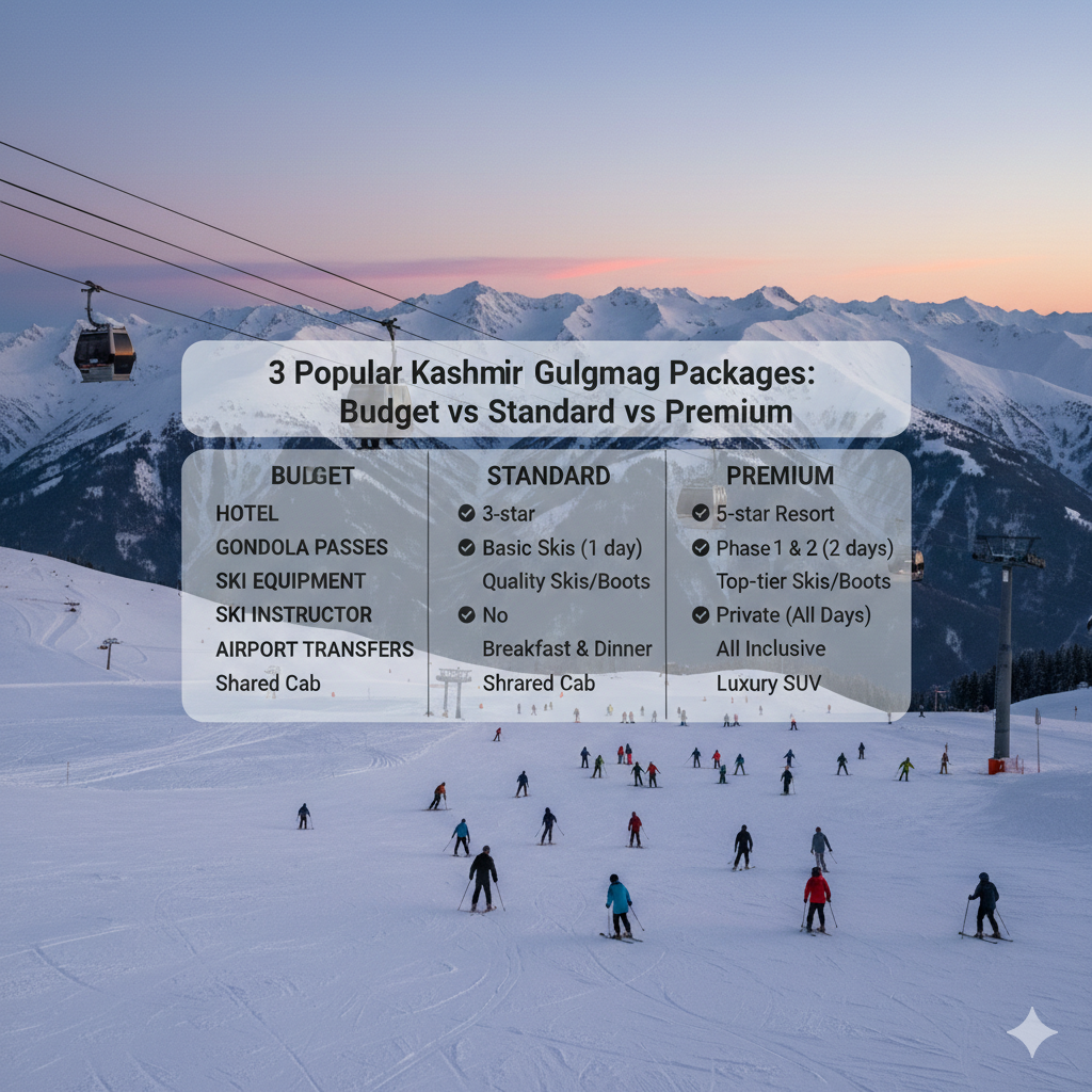 Kashmir Gulmarg package comparison 2026 showing budget, standard, and premium options with inclusions and pricing