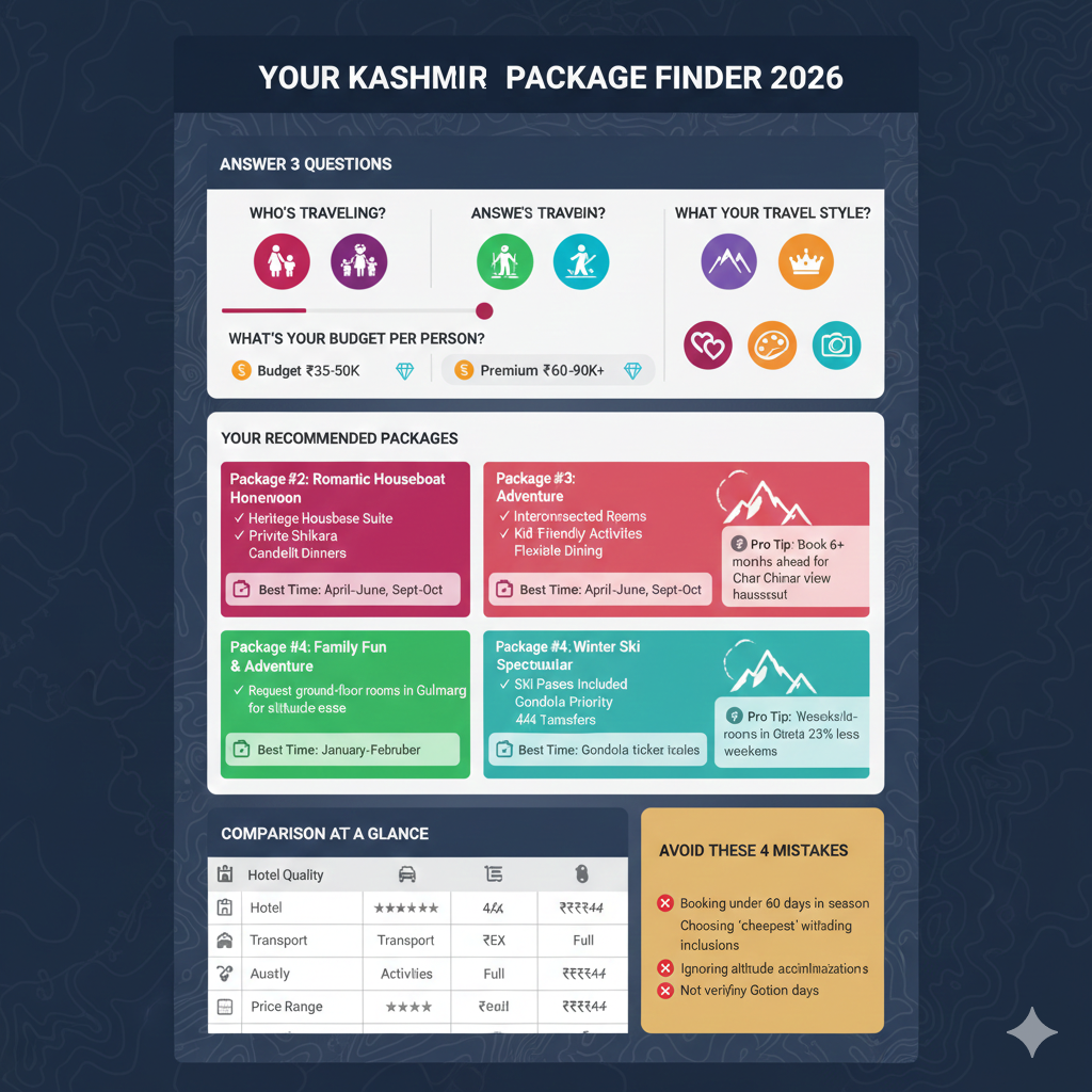 Kashmir package finder 2026 - Interactive guide to match travel style, budget, and group type with the 7 best travel packages for Kashmir
