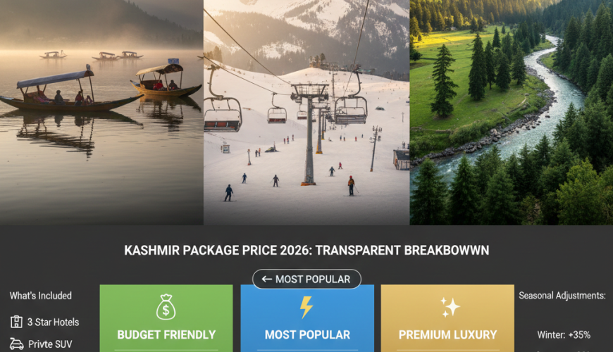 Kashmir package price 2026 comparison showing budget ₹35,500, most popular ₹49,700, and premium ₹77,000 for 6-day packages with daily rates and inclusions