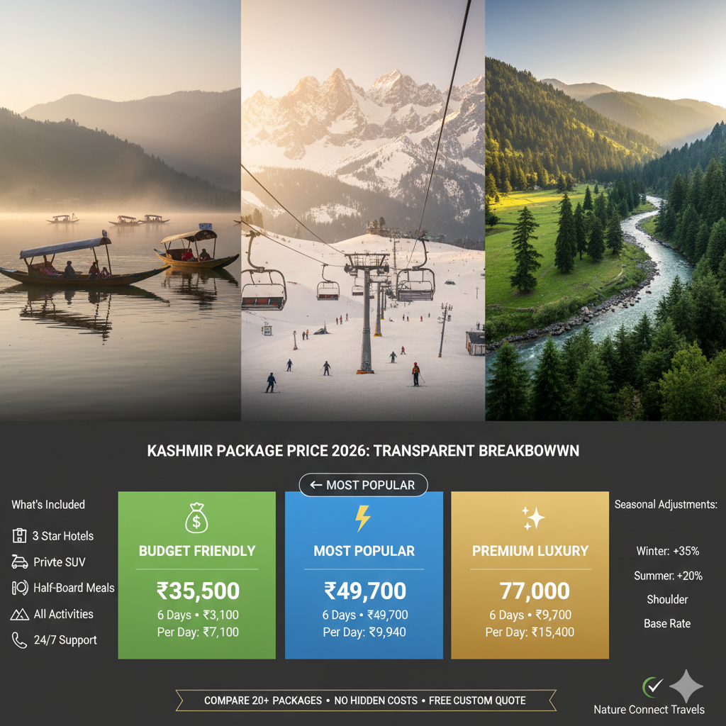 Kashmir package price 2026 comparison showing budget ₹35,500, most popular ₹49,700, and premium ₹77,000 for 6-day packages with daily rates and inclusions