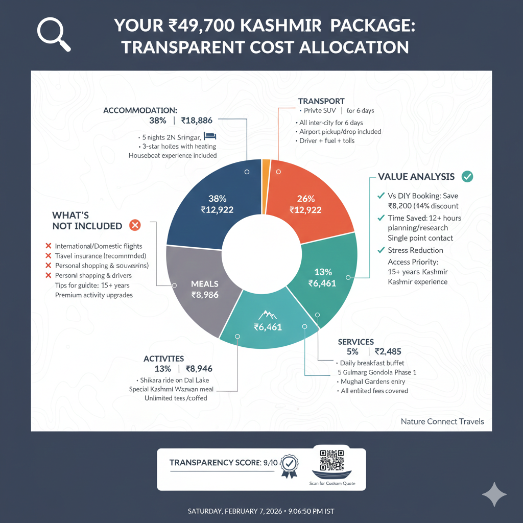 Kashmir package price breakdown 2026 showing ₹49,700 cost allocation accommodation 38%, transport 26%, meals 18%, activities 13%, services 5% with value analysis