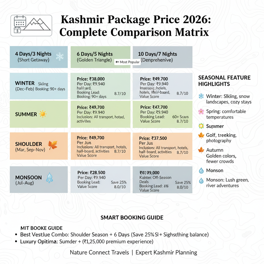 Kashmir package price comparison matrix 2026 showing 4 durations vs 4 seasons with pricing, value scores, and booking recommendations