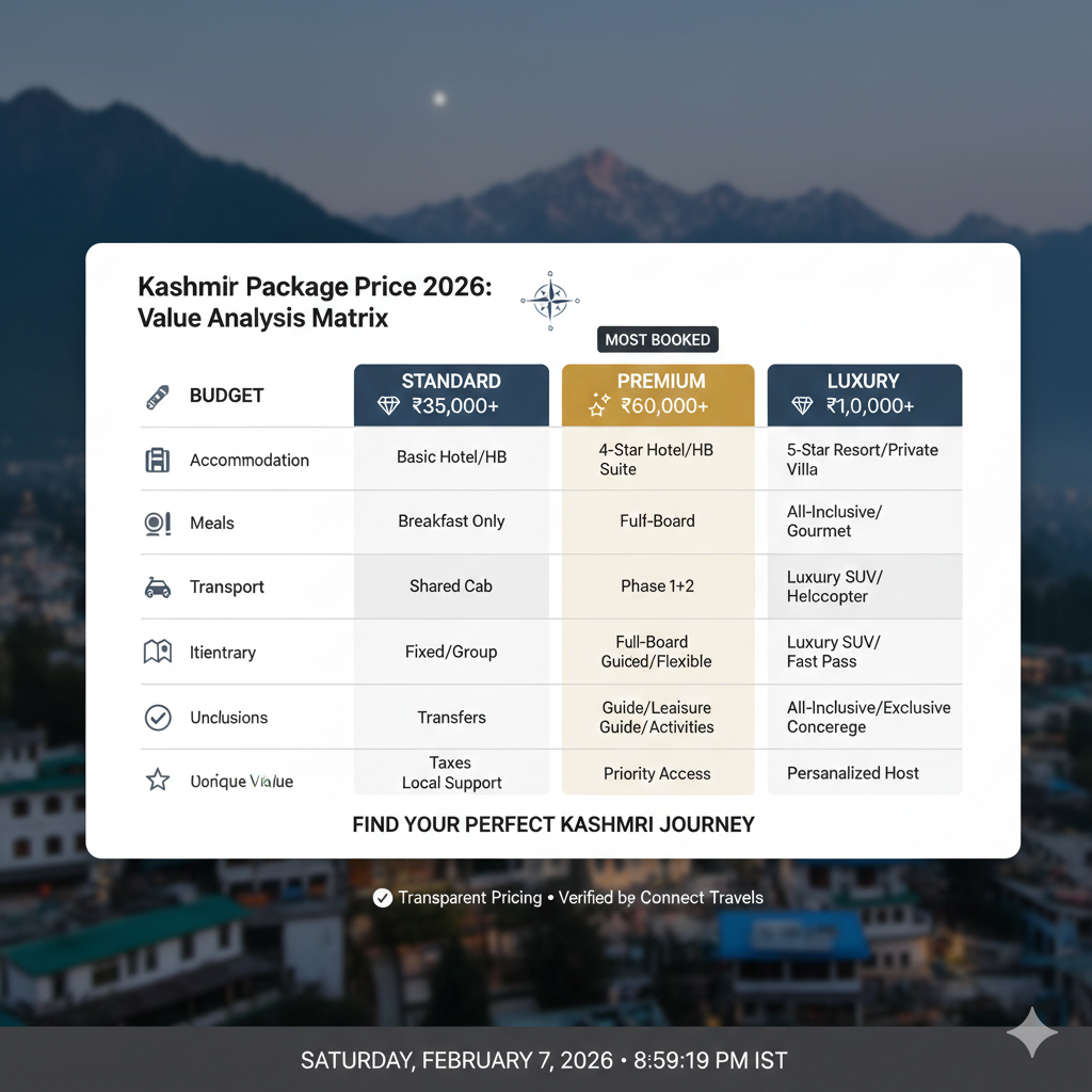 Kashmir package price comparison matrix 2026 showing budget, standard, premium, luxury options with detailed feature and value analysis
