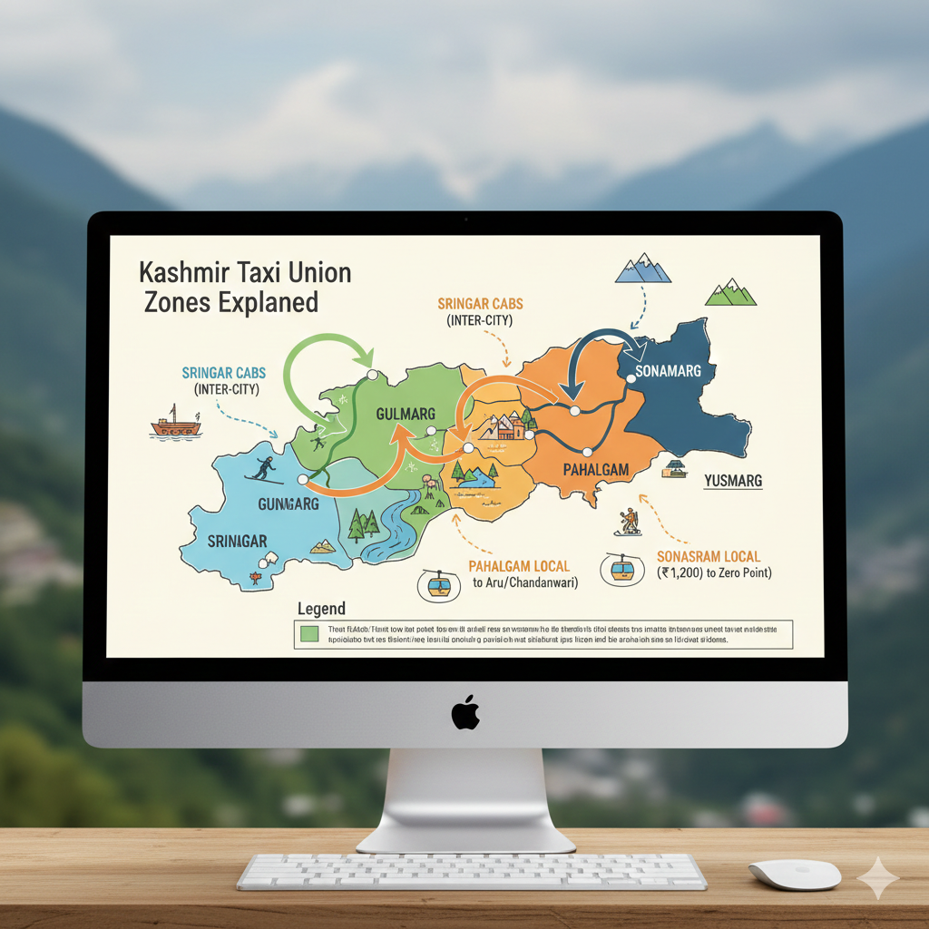 Best Swift Dzire Cab Service in Kashmir 2026 | Rates & Booking 13 Kashmir taxi union zones map showing Srinagar, Gulmarg, Pahalgam, Sonamarg territories and how Swift Dzire cab service in Kashmir operates across union boundaries