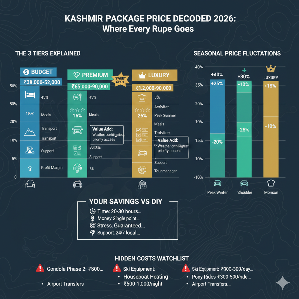 Kashmir travel package cost breakdown 2026 - Budget vs Premium vs Luxury pricing with seasonal fluctuations and hidden costs revealed
